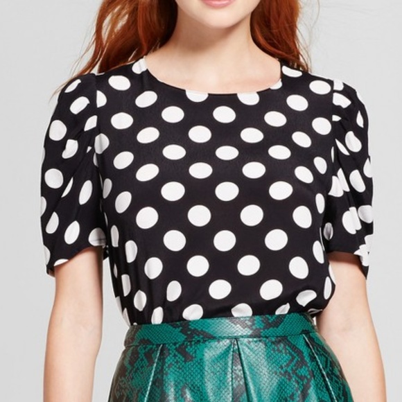 a new day Tops - NWT Women Full Short Sleeve Blouse Black polka Dot